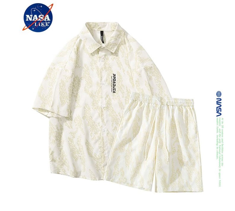 NASALIKE官方短袖衬衫男夏季冰丝T恤日系衬衣短裤运动穿搭五分裤两件套装 白色 4XL （建议180-205斤）